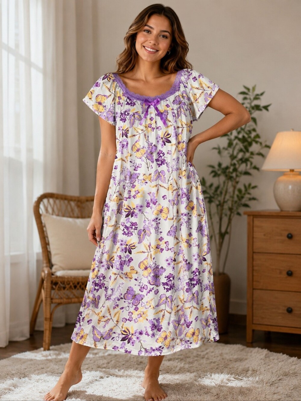 Floral Lace-Trim Nightgown in Purple and Yellow